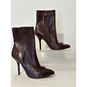 Leon Max Leather Boots Womens Sz‎ 8 Stiletto Mid Calf Pointed Toe Purple Maroon